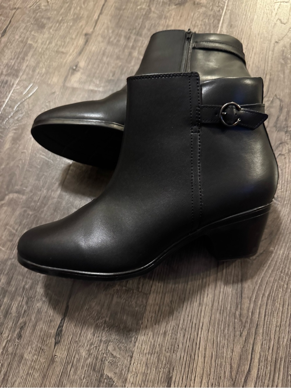 Clarks Black Leather Ankle Boots with Buckle Accent